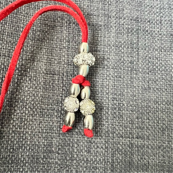 Sparkly necklace with silver and cz type stones on red leather cord adju… - Picture 9 of 9